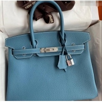 Super Quality Hermes Birkin 30cm Bag in Original Togo Leather H30 Denim Blue/Silver 2024 (Full Handmade)