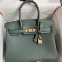 Top Design Hermes Birkin 30cm Bag in Original Togo Leather H30 Almond Green/Gold 2024 (Full Handmade)