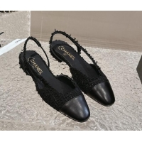 Buy Duplicate Chanel Tweed & Calfskin Slingbacks Flat Black 423148