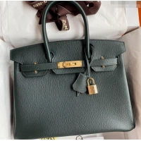 Elegant Hermes Birkin 30cm Bag in Original Chevre Leather H30 Deep Green/Gold 2024 (Full Handmade)