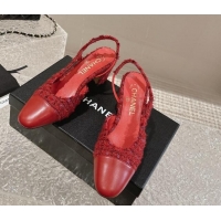 Best Price Chanel Tweed & Calfskin Leather Slingbacks Pumps 6.5cm G31318 Red 423152