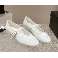 Good Quality Chanel Cotton Mary Janes Flat Ballet G45503 White 423155