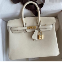 Top Grade Hermes Birkin 35cm Bag in Original Swift Leather H35 Cream White/Gold 2024 (Full Handmade)