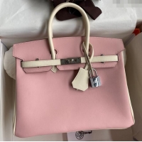 Well Crafted Hermes Birkin 35cm Bag in Original Swift Leather H35 3Q Pink/Cream White/Silver 2024 (Full Handmade)