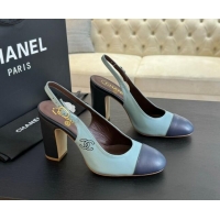 Sophisticated Chanel Calfskin Slingback Pumps 9cm with Side CC G45566 Green/Blue 424010