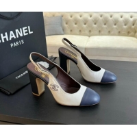 Pretty Style Chanel Calfskin Slingback Pumps 9cm with Side CC G45566 White/Blue 424011