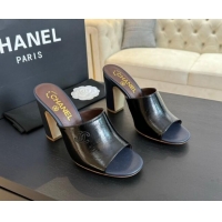 Stylish Chanel Calfskin Slide Sandals 9.5cm with Side CC G45566 Black 424013