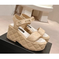 Best Grade Chanel Quilted Lambskin Wedge Platform Sandals 7.5cm Beige 424024