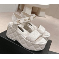 Best Product Chanel Quilted Lambskin Wedge Platform Sandals 7.5cm White 424025