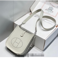 Top Grade Hermes Evelyne Mini Bag 18cm in Togo Leather H1048 Pearl Grey/Silver 2023 (Half Handmade)