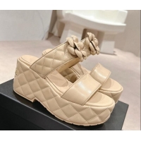 Luxury Chanel Quilted Lambskin Wedge Platform Slide Sandals 7.5cm with Camellia Beige 424027