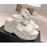 Discount Chanel Quilted Lambskin Wedge Platform Slide Sandals 7.5cm with Camellia White 424028