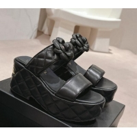 Purchase Chanel Quilted Lambskin Wedge Platform Slide Sandals 7.5cm with Camellia Black 424029