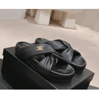 Pretty Style Chanel Lambskin Slide Sandals with Knot Strap Black 424030