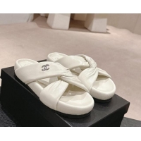 Unique Discount Chanel Lambskin Slide Sandals with Knot Strap White 424032