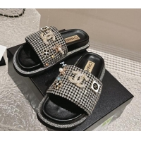 Unique Chanel Crystals Slide Sandals with Logo Charm Silver 424033