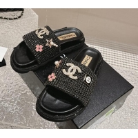 Low Cost Chanel Crystals Slide Sandals with Logo Charm Black 424035