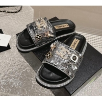 Best Grade Chanel Sequins Slide Sandals with Logo Charm Silver 424036