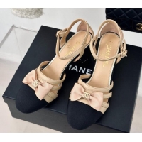 Good Looking Chanel Calfskin Heel Sandals with Bow Beige 424038