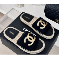 Big Discount Chanel Tweed Espadrilles Flat Slide Sandals with Gold-Tone CC Black 424042