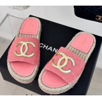 Most Popular Chanel Tweed Espadrilles Flat Slide Sandals with Gold-Tone CC Pink 424043