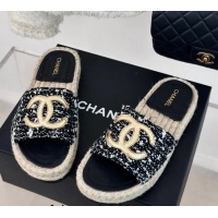 Popular Style Chanel Tweed Espadrilles Flat Slide Sandals with Gold-Tone CC Black/White 424044