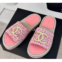 Top Design Chanel Tweed Espadrilles Flat Slide Sandals with Gold-Tone CC Pink 424045