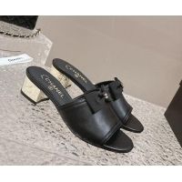 Durable Chanel Lambskin Heel Slide Sandals with Bow 4cm G45691 Black 424050