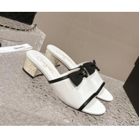 Classic Hot Chanel Lambskin Heel Slide Sandals with Bow 4cm G45691 White 424051