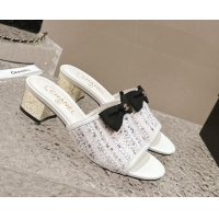 Charming Chanel Tweed Heel Slide Sandals with Bow 4cm G45691 White 424052