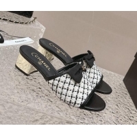 Trendy Design Chanel Tweed Heel Slide Sandals with Bow 4cm G45691 White/Black 424053