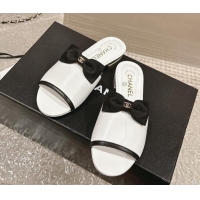 Good Quality Chanel Lambskin Flat Slide Sandals with Bow G45691 White 424056