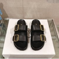 ​Super Quality Prada Leather Flat Slide Sandals with Double Buckle Strap PA0430 Black 2024