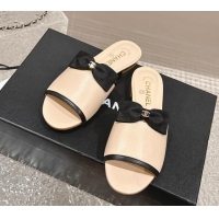 Grade Chanel Lambskin Flat Slide Sandals with Bow G45691 Beige 424057