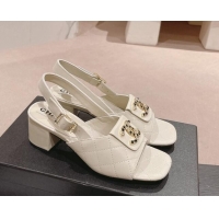 Charming Chanel Quilted Lambskin Heel Sandals 5cm with Folder CC White 424062