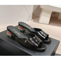 Luxury Chanel Shiny Calfskin Heel Slide Sandals 4.5cm with Colored Heel Black 0424066