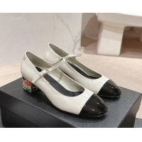 Best Price Chanel Shiny Calfskin Mary Janes Pumps 4.5cm with Colored Heel White 424070