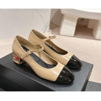 Sophisticated Chanel Shiny Calfskin Mary Janes Pumps 4.5cm with Colored Heel Beige 424071