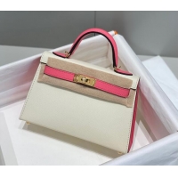 New Design Hermes Mini Kelly II Bag 19cm in Epsom Leather H19 Cream White/Rose Lipstick Pink 2023 (Half Handmade)