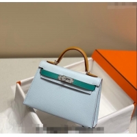 Free Shipping Hermes Mini Kelly II Bag 19cm in Epsom Leather H19 Dusty Blue/Bamboo Green/Brown 2023 (Half Handmade)