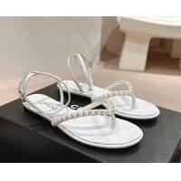 Duplicate Chanel Lambskin Flat Thong Sandals with Pearls white 424082