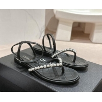 Pretty Style Chanel Lambskin Flat Thong Sandals with Pearls Black 24083