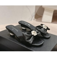 Unique Discount Chanel Lambskin & Lace Heel Slide Sandals with Bow Black 424085