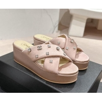 Luxury Chanel Fabric Wedge Slide Sandals 5cm with Crystals Charm Pink 424089