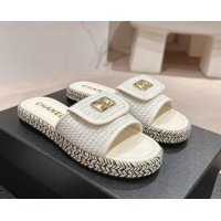 Charming Chanel Tweed Flat Slide Sandals with Foldover White 424091