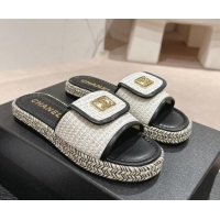 Popular Style Chanel Tweed Flat Slide Sandals with Foldover Black 424092