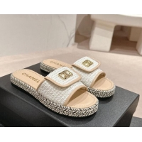 Good Quality Chanel Tweed Flat Slide Sandals with Foldover Beige 424093