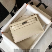 Luxurious Hermes Mini Kelly Pochette Bag 22cm in Epsom Leather 7117 Cream White/Silver 2024 (Half Handmade)