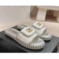 Unique Style Chanel Tweed Flat Slide Sandals with Foldover Silver 424094