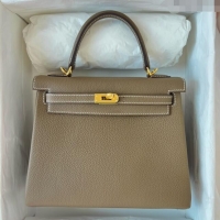 Top Grade Hermes Kelly 25cm Bag in Original Togo Leather K25 Etoupe/Gold 2023 (Pure Handmade)